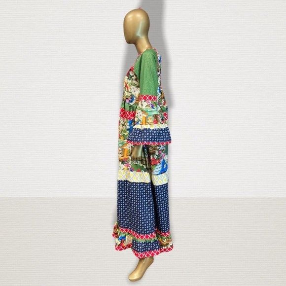 Cute Hobo Styled Maxi Dress Bird & Multi Print Cotton Long Ruffled Dress Women - Picture 4 of 8